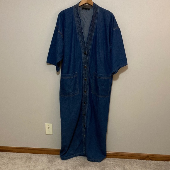 Orvis Vintage Denim Duster Dress, Size Large, 90’s Kimono Jacket Jean - Picture 1 of 6